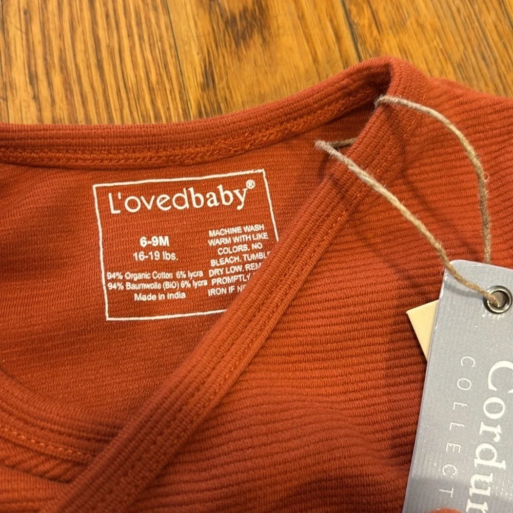 NWT Lovedbaby Rust Organic Cotton Baby Bodysuit and Hat Set 6-9 months corduroy